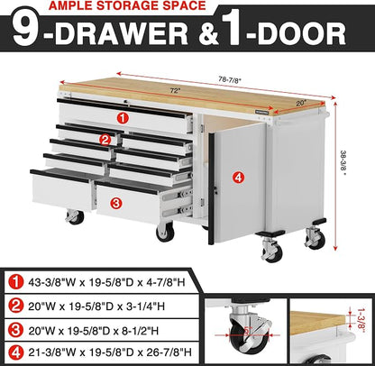 WORKPRO 72" x 22" 9-Drawer & 1-Door Rolling Tool Chest, Mobile Tool Storage - Image 2