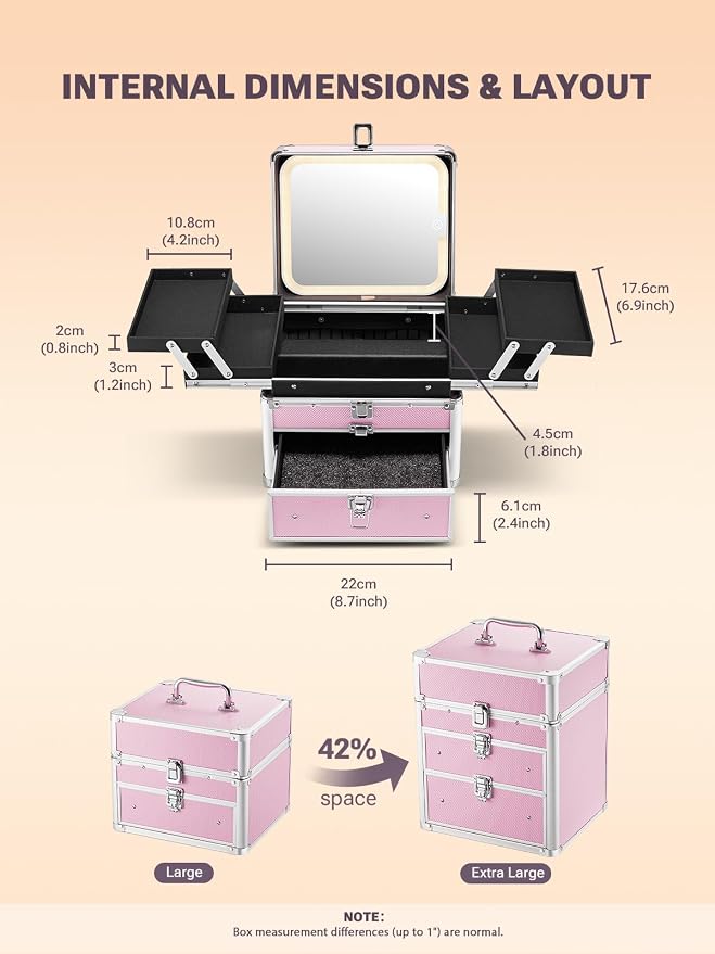 Qislee Makeup Box with Drawer and Four Trays, A Detachable Lighted Mirror - Image 5