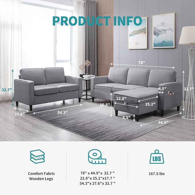 BALUS 78" Living Room Sofa Set, 3 Seater Sofa - Image 2