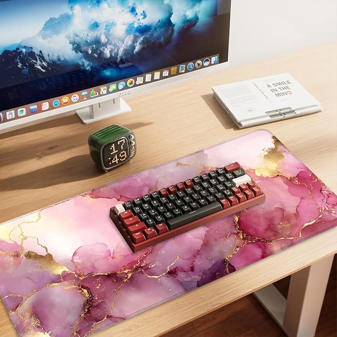 Pink Marble Ink Mouse Pad – Large Extended Desk Mat 35.43 x 15.75 in – Elegant - Image 2
