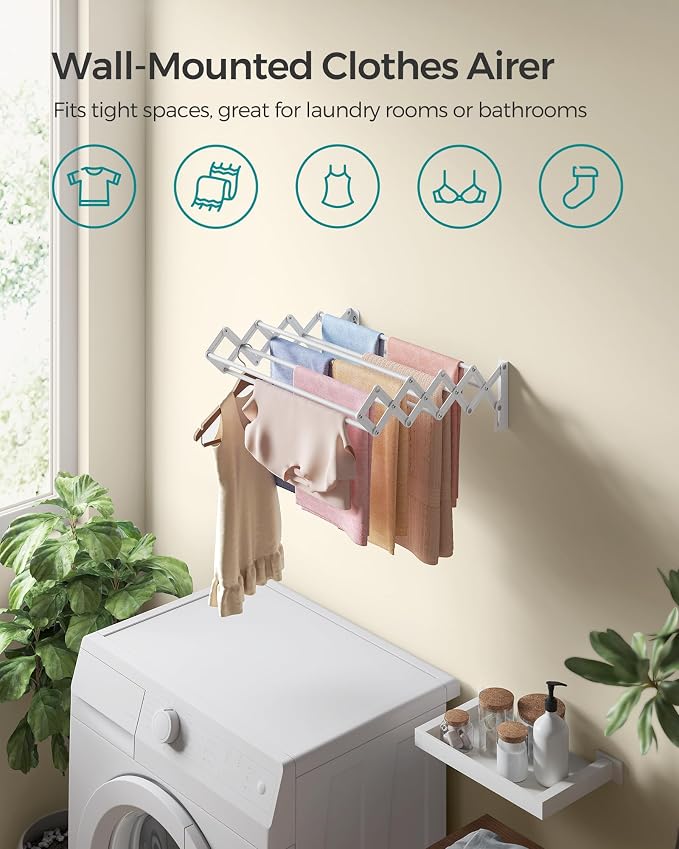 SONGMICS Clothes Drying Rack, Wall-Mounted Drying Rack Clothing, Small - Image 6