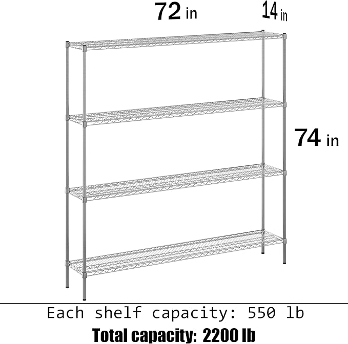 14" Deep x 72" Wide x 74" Height Wire Shelving Kit | 4-Tier | NSF Commercial - Image 3