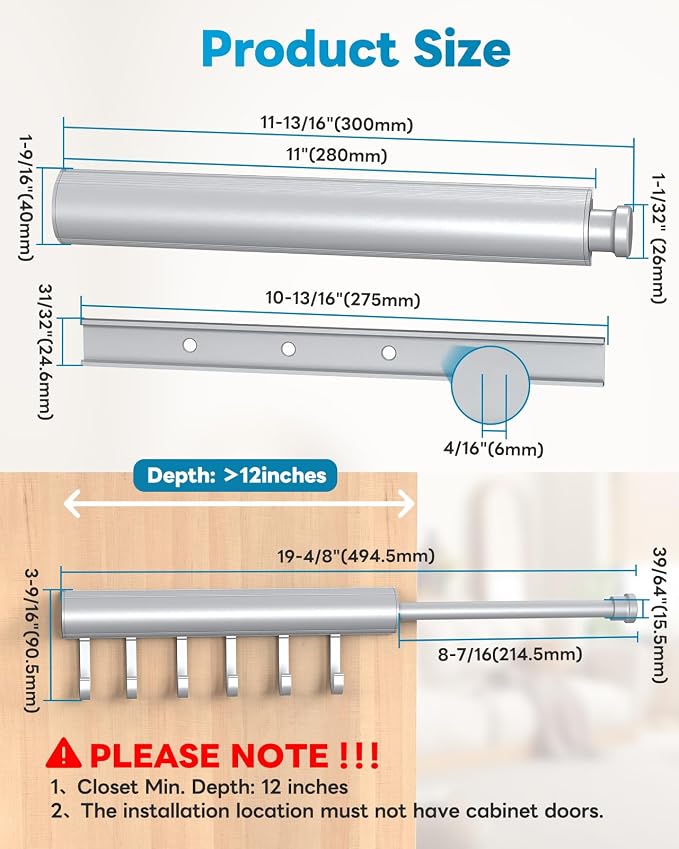 Pull Out Valet Rod, 12 Inches, 6 Hooks | Hidden Screw Design - Image 5