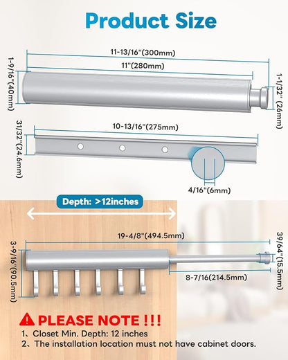 Pull Out Valet Rod, 12 Inches, 6 Hooks | Hidden Screw Design - Image 5