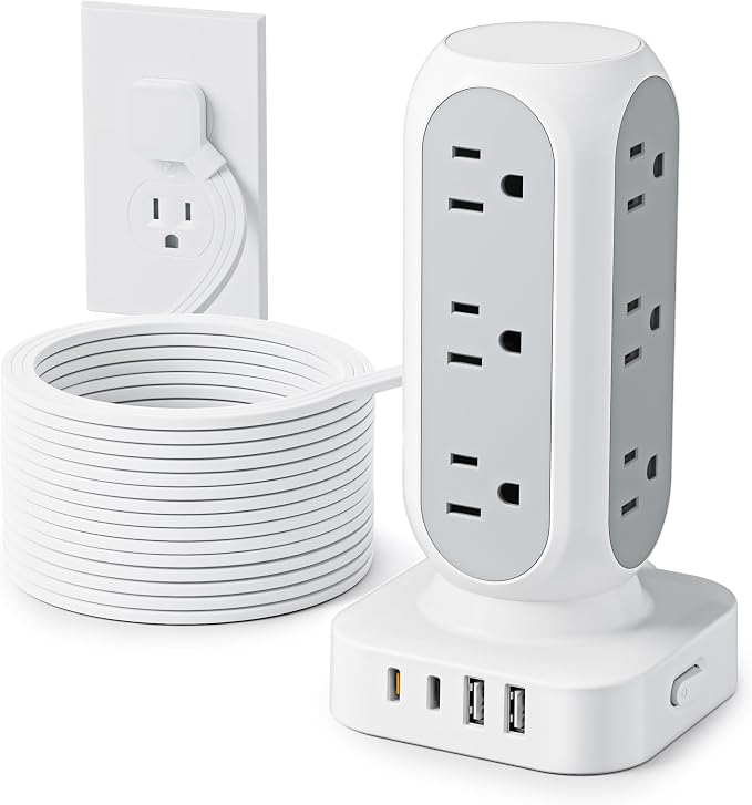 Flat Plug Power Strip Tower, 40W Total Fast Charging Station, Dual PD 20W USB-C by TenTrend