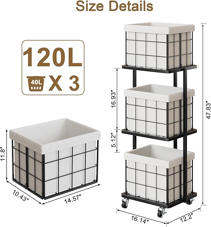 120L Vertical Rolling Laundry Hamper - Image 3