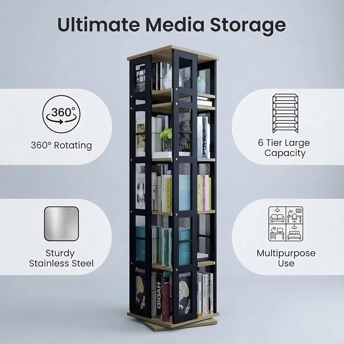 Heavy Duty CD Rack Tower, Media Storage Cabinet, 6 Tier Rotating Media Tower - Image 2
