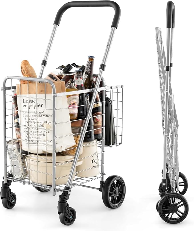 Goplus Folding Shopping Utility Cart, Double Basket and 360° Swivel Wheels by Goplus