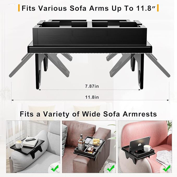 Black Couch Cup Holder Tray - 2 in 1 Couch Armrest Table - Foldable Sofa - Image 3