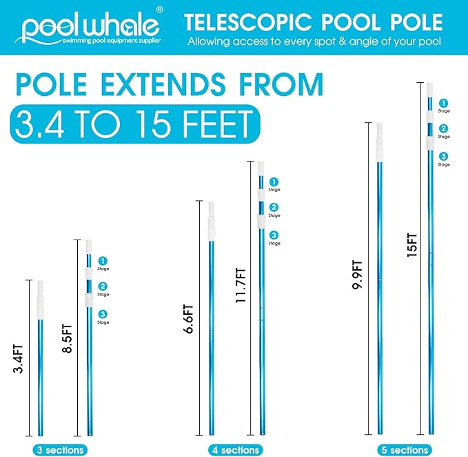 POOLWHALE Premium 15 Foot Telescopic Swimming Pool Pole, Adjustable 3 Piece - Image 2