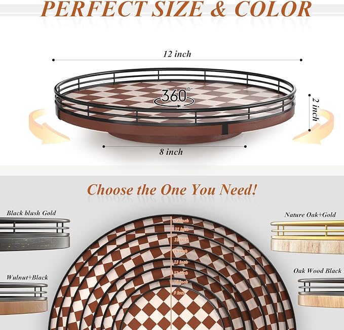 Brown Checkered Lazy Susan Decorative Tray, 12 Inch Round Rotating Tray - Image 6