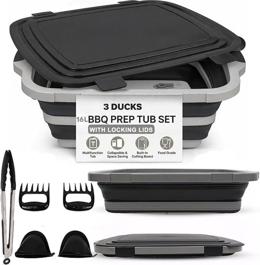 Collapsible BBQ Prep Tub 3-IN-1 16L Black | Portable Meat Marinating Container by Unknown