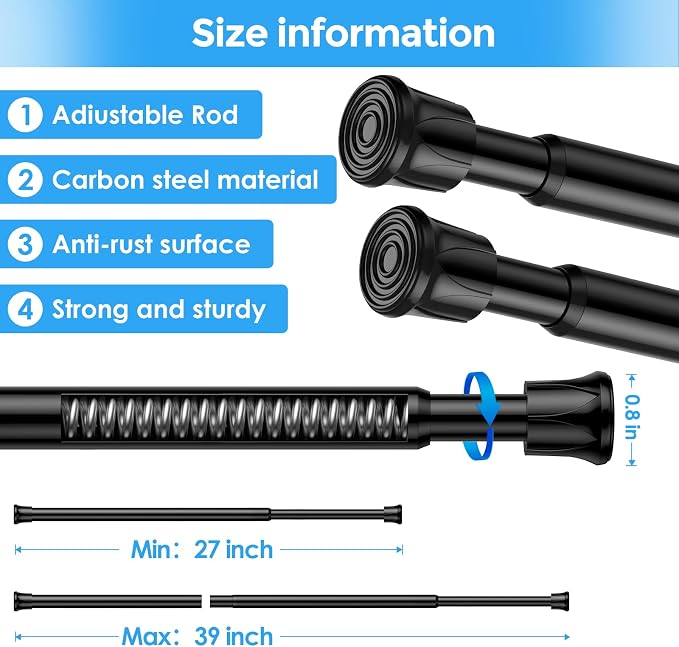 Tension Rod 27-39'' 4Pcs Black Spring Loaded Curtain Rod Adjustable | 5/8 Inch - Image 3