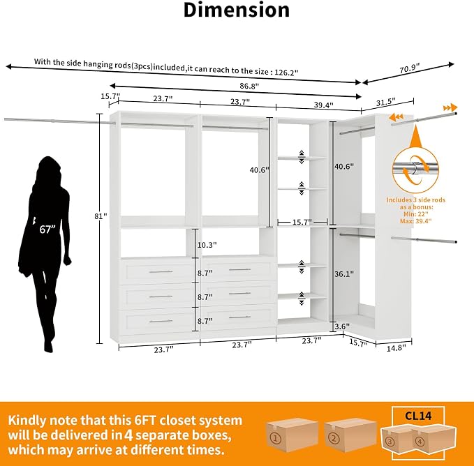 Closet System with 6 Drawers, Corner Closet Organizer Systems with 8 Shelves & - Image 2