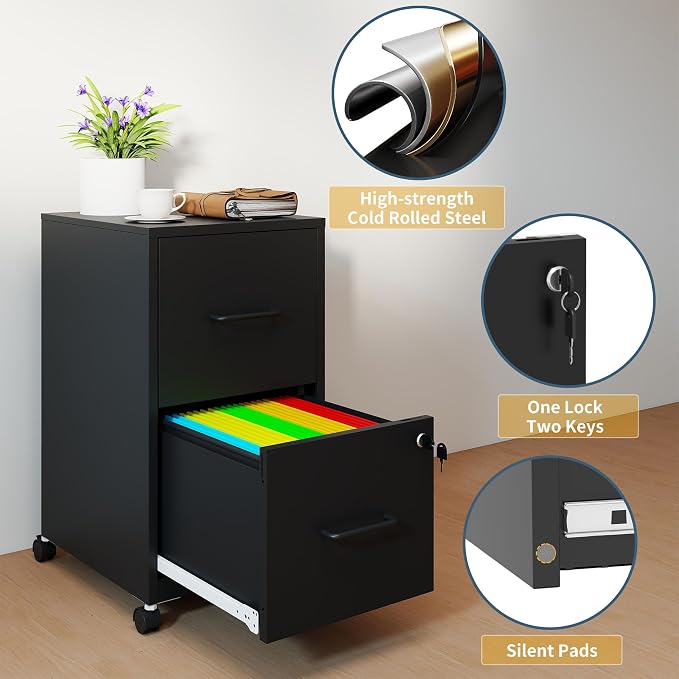 2 Drawer File Cabinet on Wheels, Mobile Filing Cabinets - Image 4