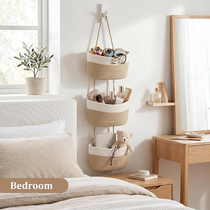 TeoKJ Over the Door Hanging Basket, 3-Tier Woven Cotton Wall-Mounted Storage - Image 8