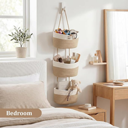 TeoKJ Over the Door Hanging Basket, 3-Tier Woven Cotton Wall-Mounted Storage - Image 8