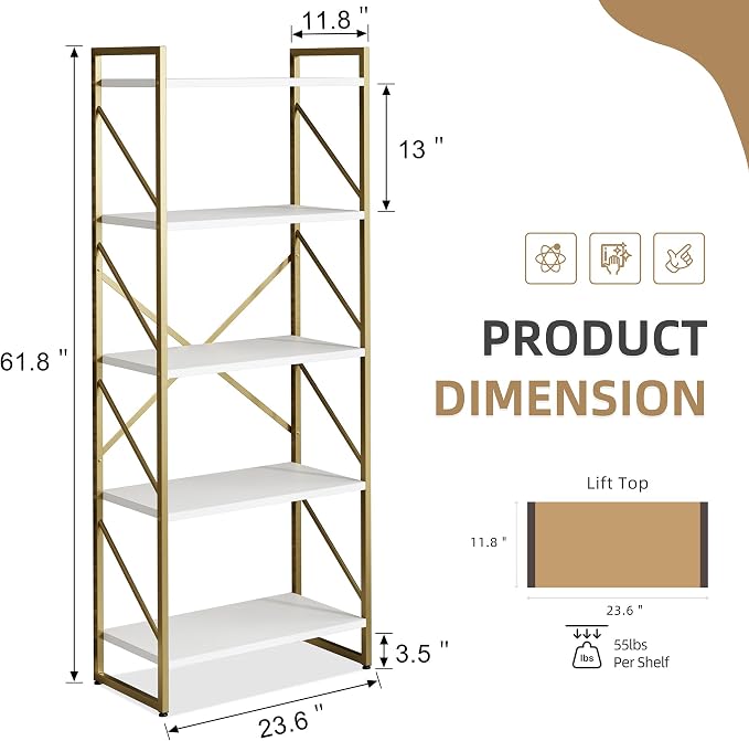 Vongrasig 5 Tier Bookshelf, Modern Tall Bookcase, Industrial Book Shelves - Image 2