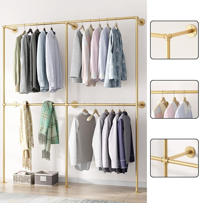 Gold Pipe Clothing Racks Wall Mount Gold Clothes Rack, Heavy Duty Industrial - Image 2