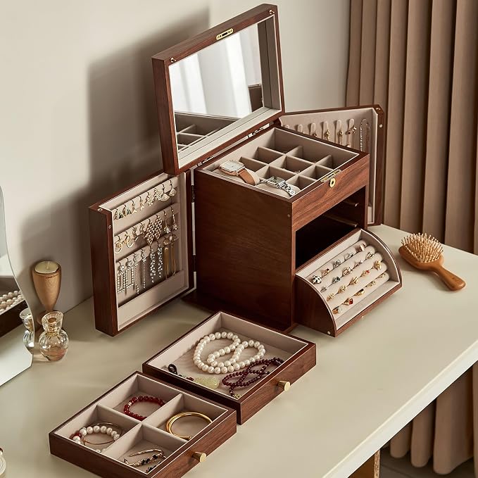 CHOSIN Black Walnut Wooden Jewelry Box, 4-Layer Lockable Organizer - Image 4