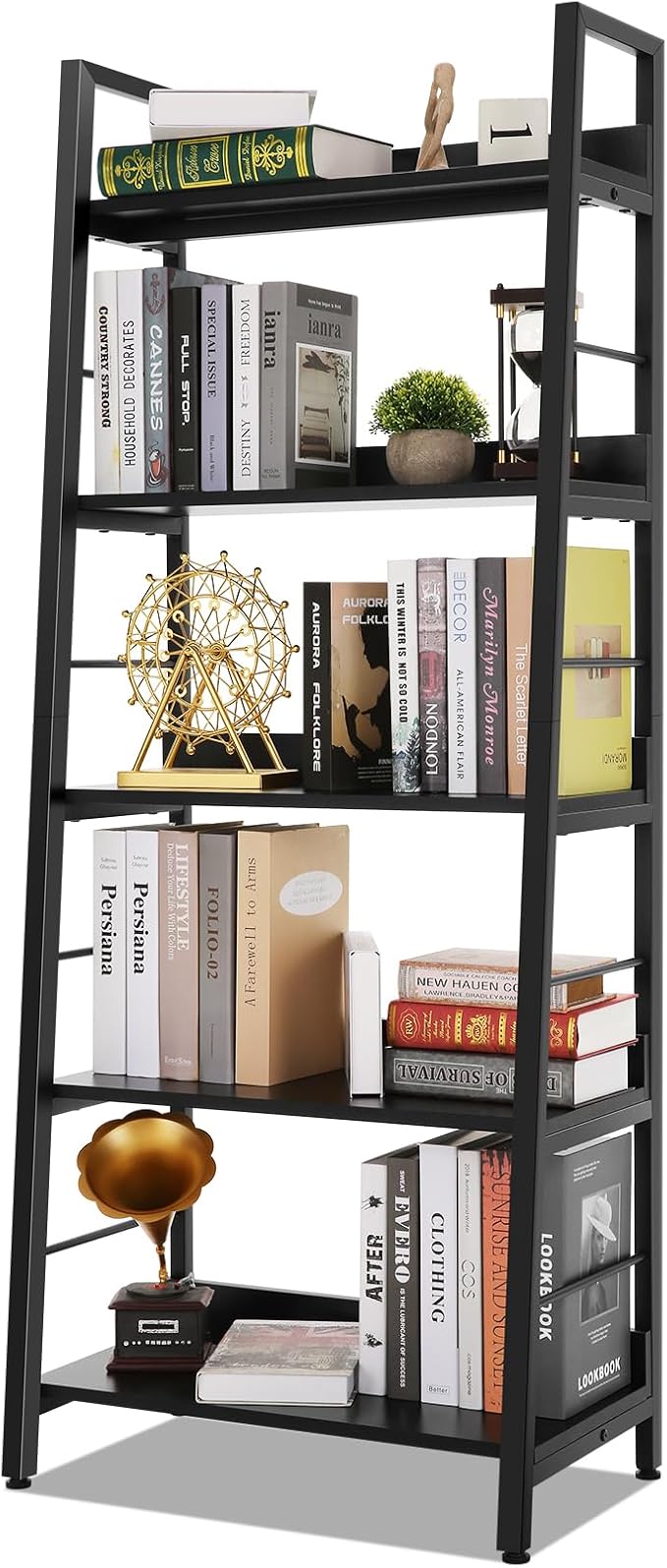 Himimi Black Ladder Bookshelf, 5 Shelf Bookcase Industrial Bookshelf Wood and by Himimi