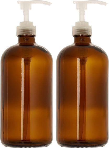 32 Ounce Large Amber Glass Boston Round Bottles w/Natural Color Pumps. Great - Image 9