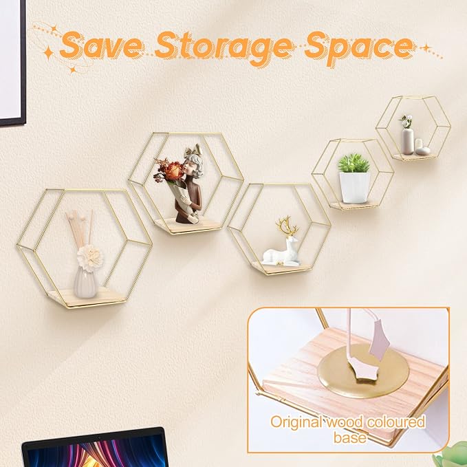 Wall Mounted Hexagonal Floating Shelves Set of 5 in Different Sizes, Modern - Image 5