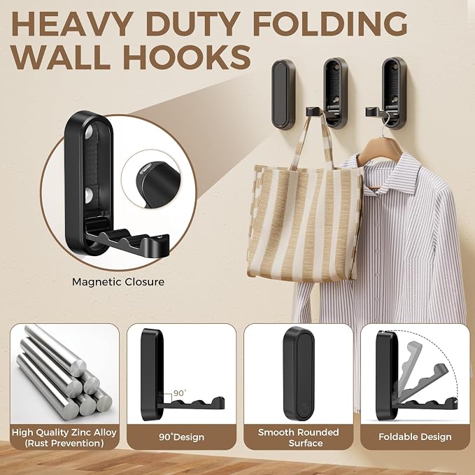4-Pack Heavy Duty Zinc Alloy Folding Wall Hooks - Image 2