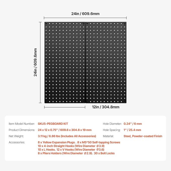 VEVOR Metal Pegboard Panels, 2 Panels, Heavy Duty Peg Board Wall Organizer - Image 7
