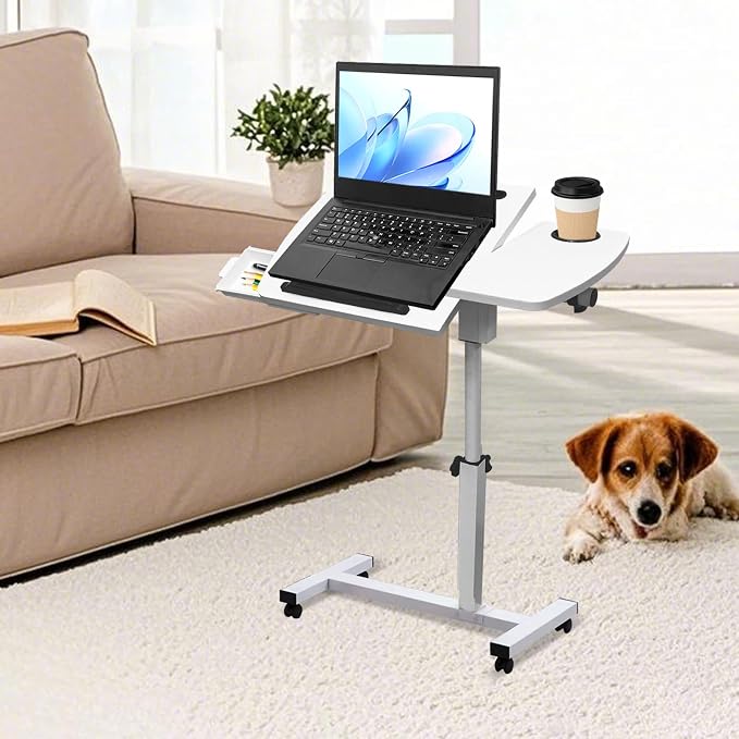 Overbed Table with Wheels Adjustable Height, Tiltable Desktop with Tray - Image 2