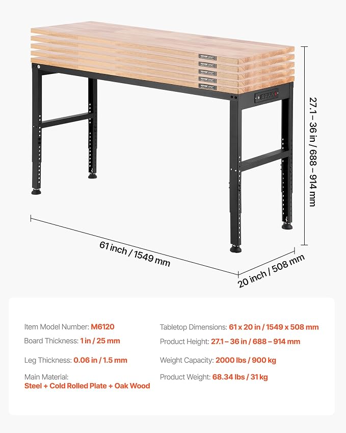 VEVOR Adjustable Workbench, 2000 lbs Capacity, 61 x 20-inch Heavy Duty Work - Image 7