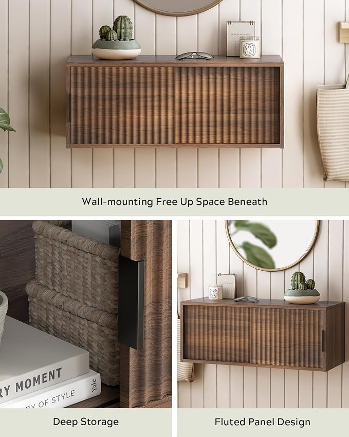 Large Floating TV Stands Set of 2, Modern Fluted Nightstands Wall Mounted - Image 4