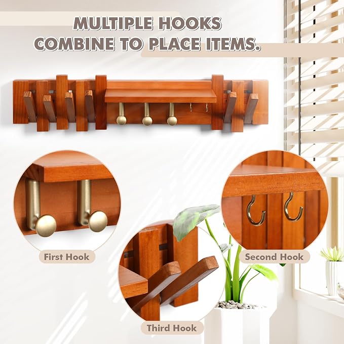 Zingoetrie Wooden Coat Rack Wall Mount Red Brown 11 Hooks Key Holder Umbrella - Image 3
