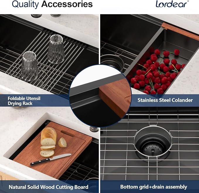Lordear Matte Black Kitchen Sink 33 Undermount Kitchen Sink 33X19 Inch Ledge - Image 4