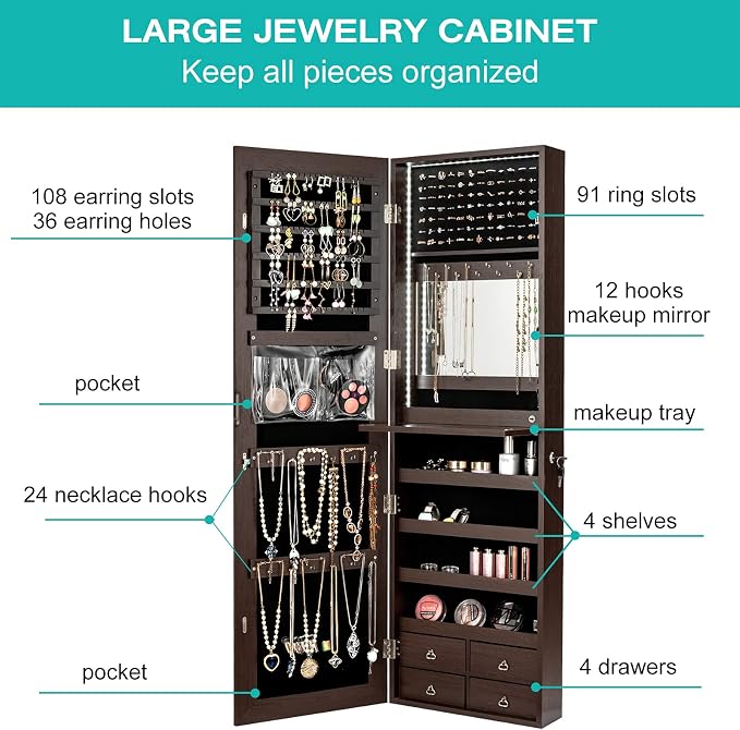 CHARMAID LED Strip Jewelry Armoire - Image 4