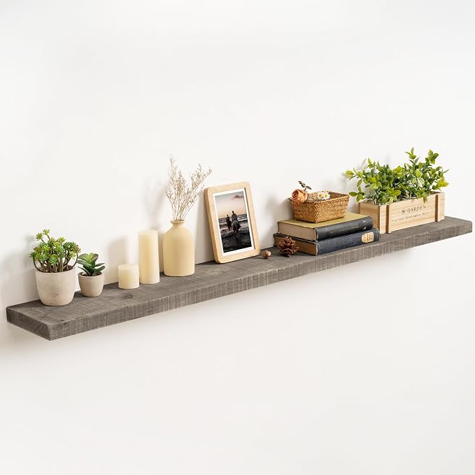 60 Inch Long Wood Floating Shelf, Solid Rustic Reclaimed Barnwood Planks 8 Inch by FLYJOE