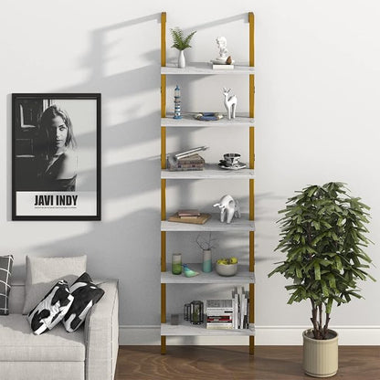 Ladder Shelf 6 Tiers Marble White Modern Bookshelf Open Tall Wall Mount - Image 6