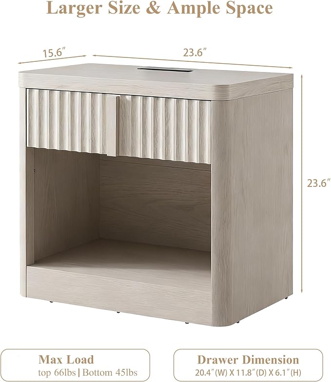 Fluted Nightstand with Charging Station, 23.6" End Table with Open Shelf and - Image 2