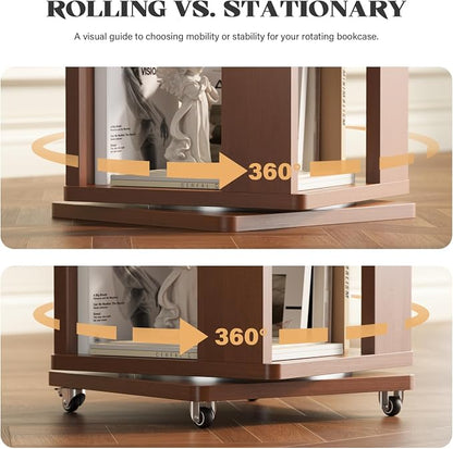 79-Inch 6 Tier Solid Wood Rotating Bookshelf Tower on Wheels, 360° Upgrade - Image 3