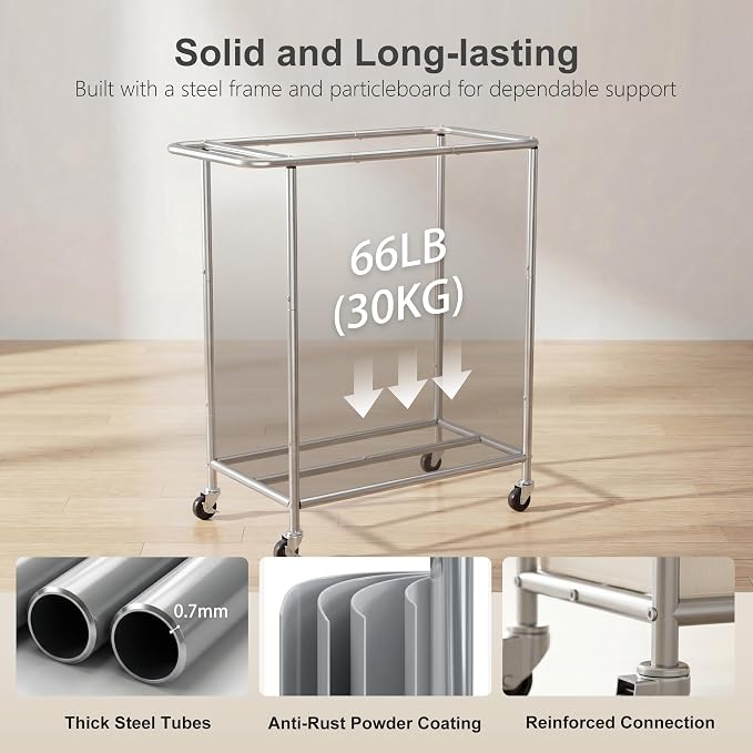 Heybly 3-Section Laundry Sorter Hamper, Rolling Laundry Hamper - Image 4