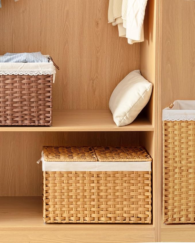 SETVSON Storage Basket with Lid Rattan Woven Storage Baskets with 2 Separate - Image 7
