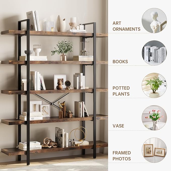 Bookshelf Set of 2, Heavy Duty 5-Tier Industrial Bookcase, 120lbs Shelf Capacity - Image 3