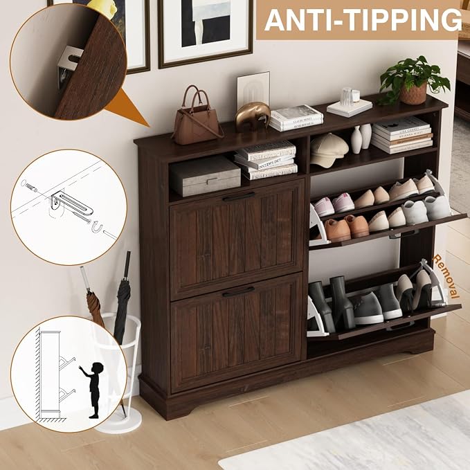 Shoe Storage Cabinet with 4 Flip Drawers, Farmhouse Modern Hidden Shoes Rack - Image 5