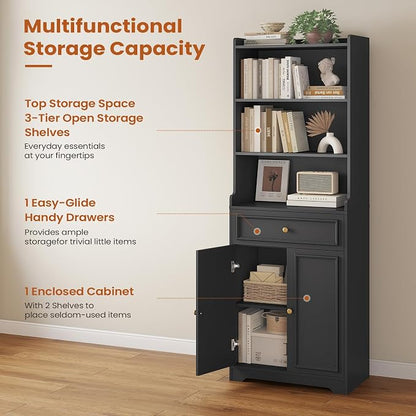 DICTAC Bookcase with Drawers and Doors 73.23'' Tall Bookshelf with Open Shelves - Image 5