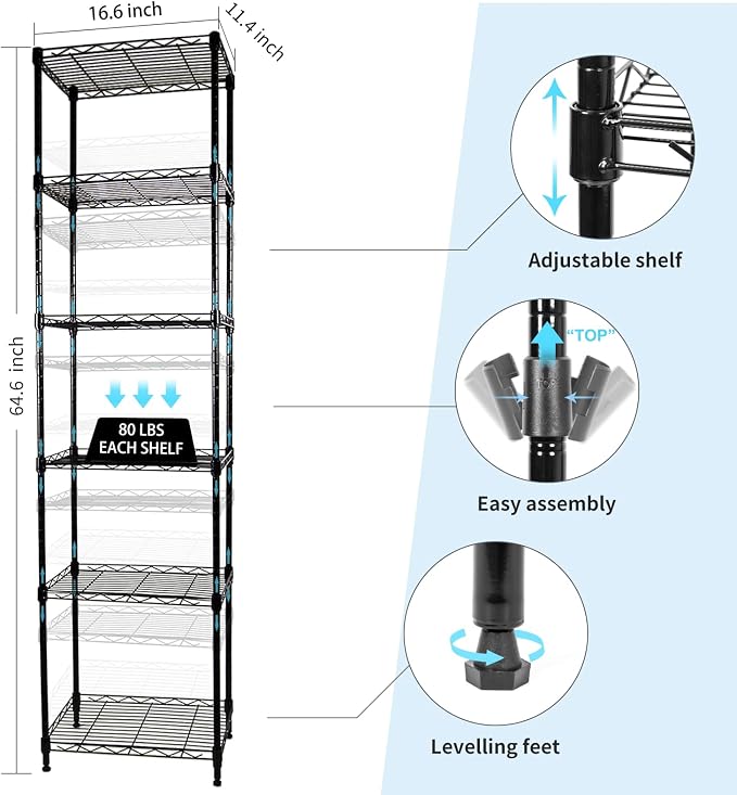 SUNLPH 6-Tier Wire Shelving Adjustable Shelves Unit Metal Storage Rack - Image 3