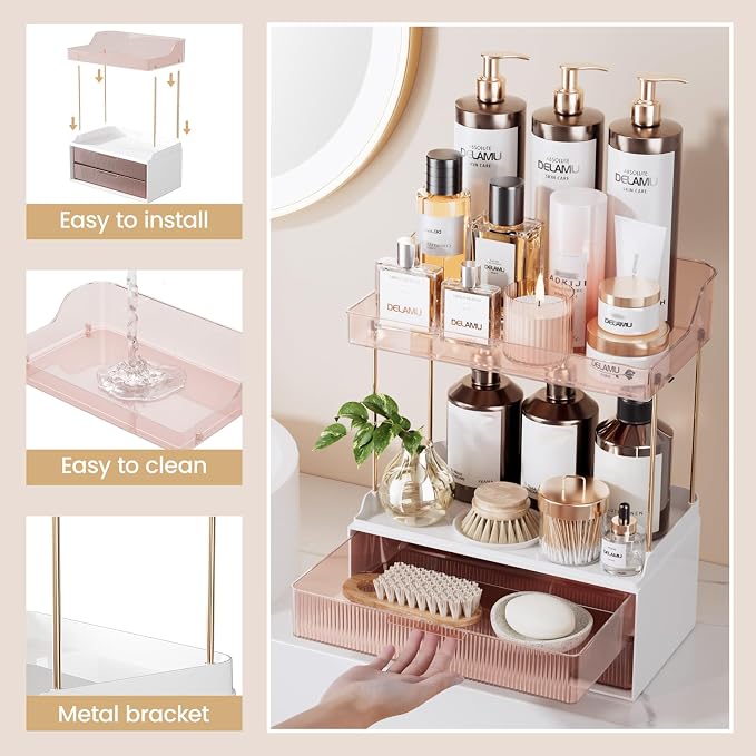 Delamu Bathroom Organizers and Storage, 2 Tier 2 Drawer Makeup Organizer - Image 6