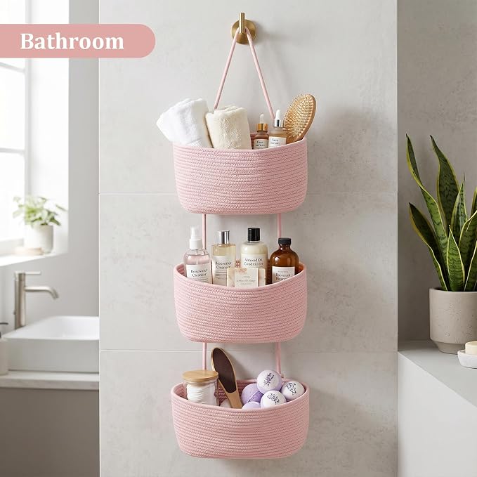 TeoKJ Over the Door Hanging Basket, 3-Tier Woven Cotton Wall-Mounted Storage - Image 8