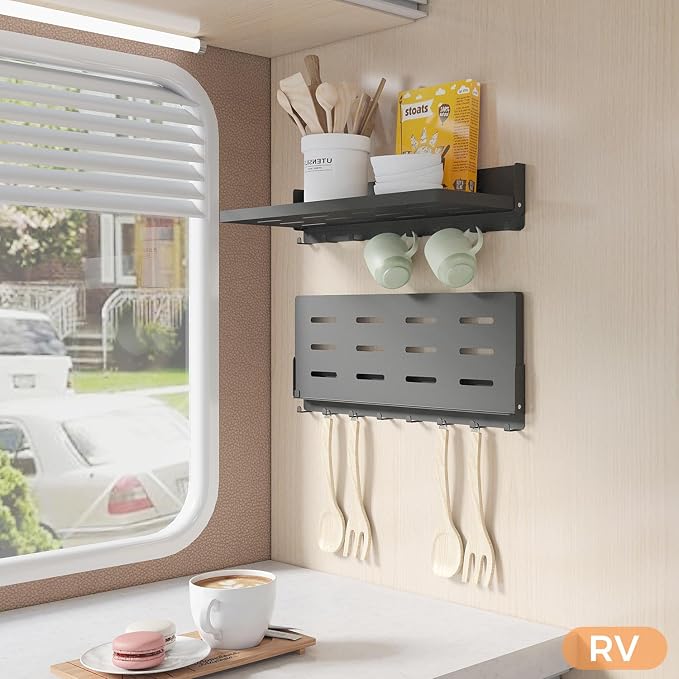 Folding Metal Shelf with Hooks, Wall Mounted Laundry Room Shelf, 8 Hooks & 90° - Image 8