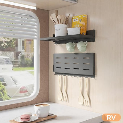 Folding Metal Shelf with Hooks, Wall Mounted Laundry Room Shelf, 8 Hooks & 90° - Image 8