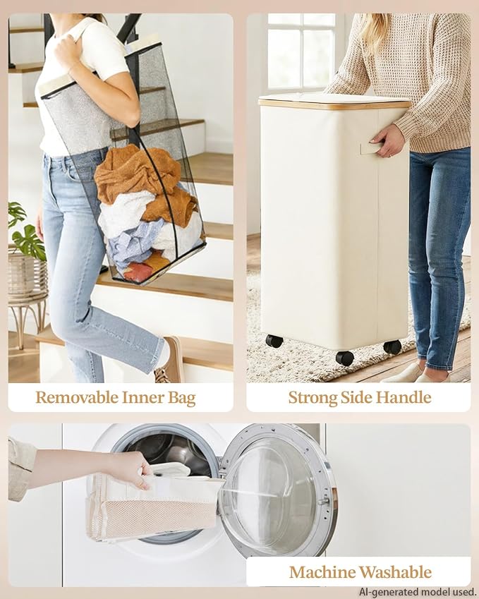 Laundry Hamper with Wheels, 110L Large Clothes Hamper with Removable Inner Bag - Image 3